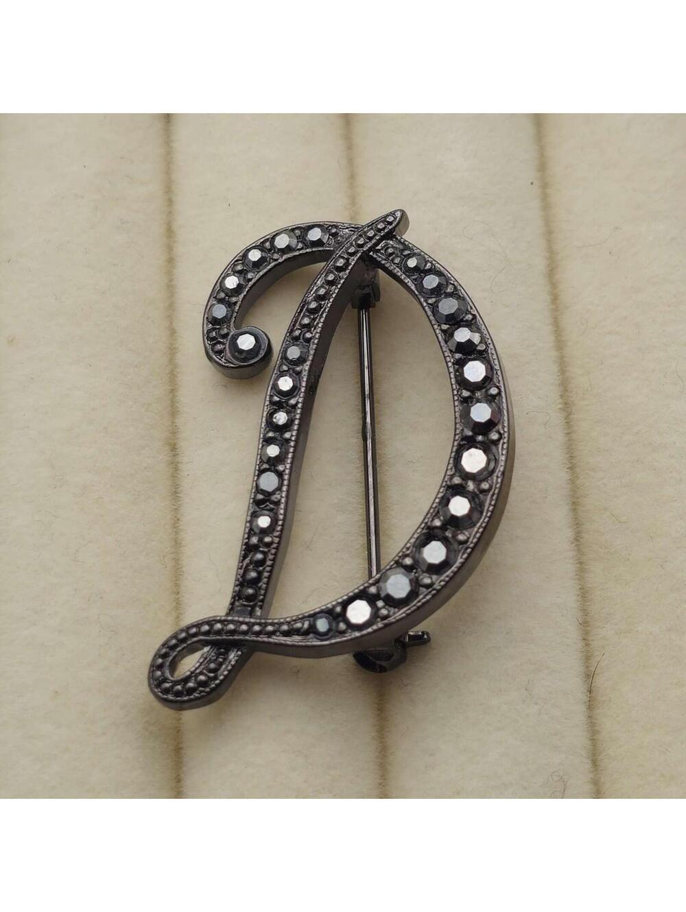 Gun Metal Grey Letter "D" Brooch Marcasite Stones 1 Inch Long